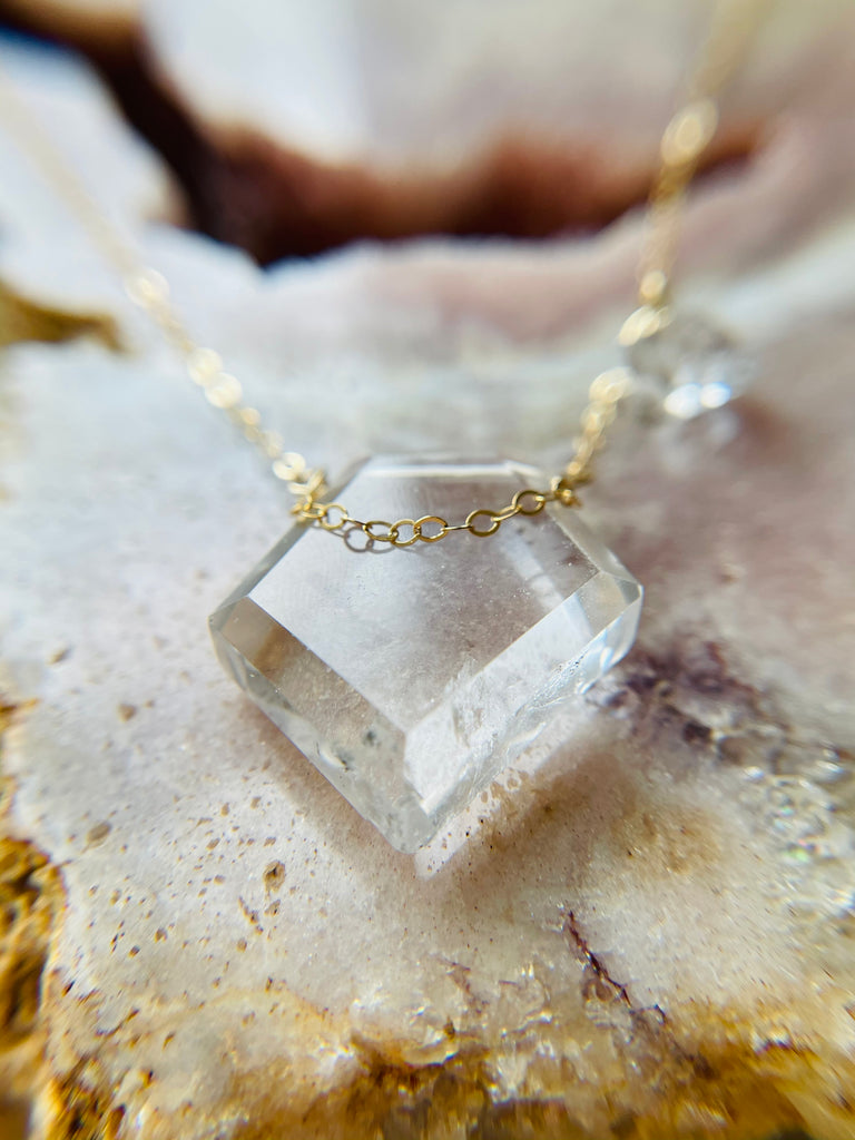 Clear Quartz Crystal Shield Necklace- Unique Star Chain- Handcrafted Gold/ Silver Electroformed Chunky Crystal Pendant Gold