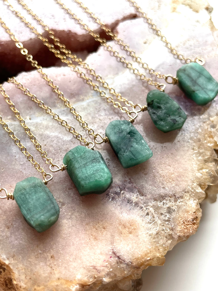 Raw Emerald Pendant Necklace 14k Gold Filled or Sterling Silver