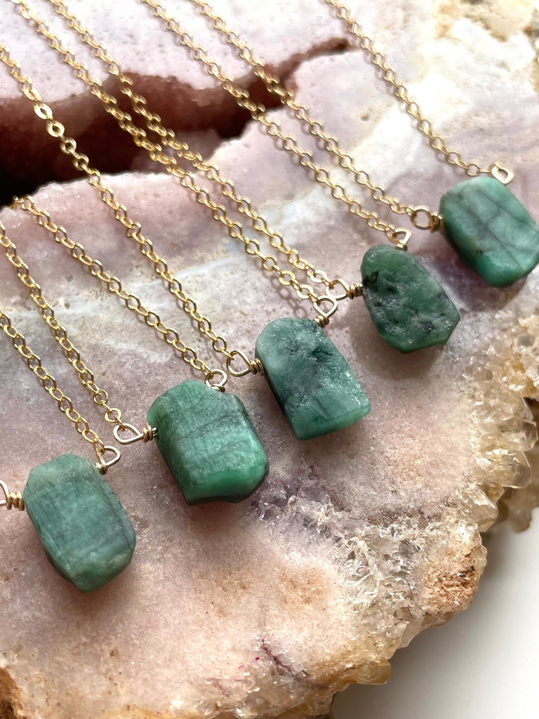 Raw Emerald Pendant Necklace 14k Gold Filled or Sterling Silver